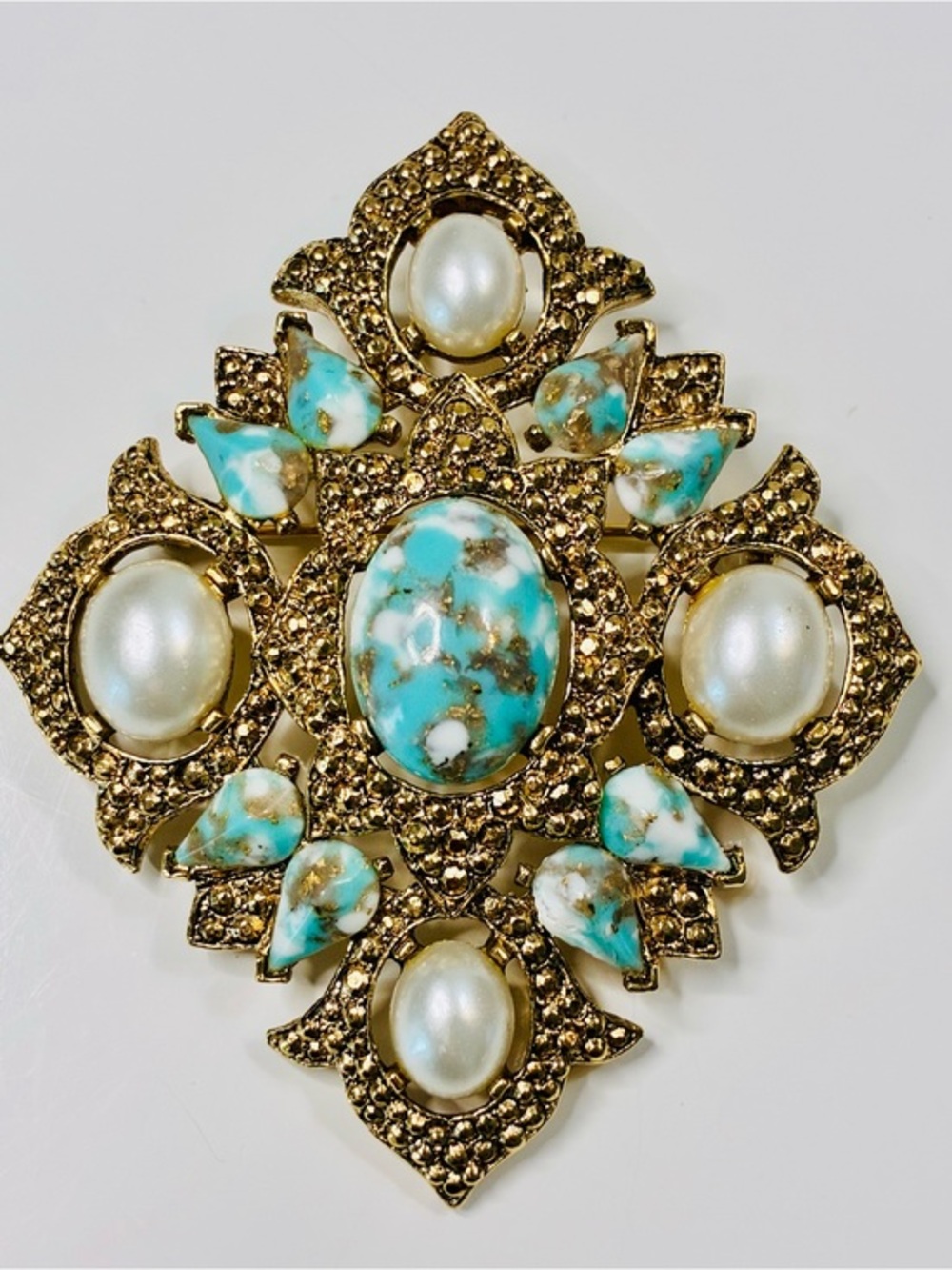 Sarah Coventry Remembrance Gold-Tone Turquoise & Pearl Cluster Brooch 60s Retro